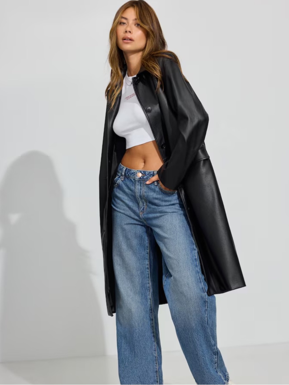Garage Black Faux-Leather Long Trench Coat